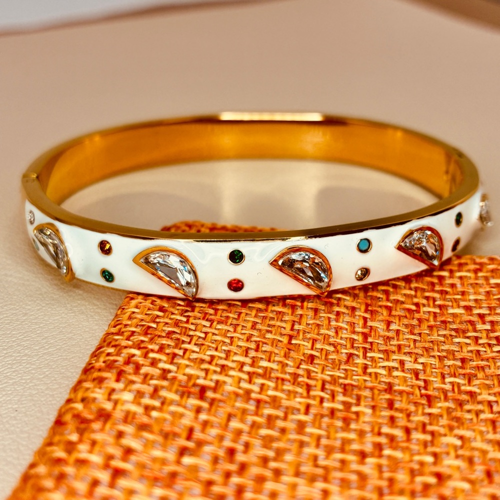 Gold and White Enameled Half Moon CZ Gem Accents Bangle Bracelet
